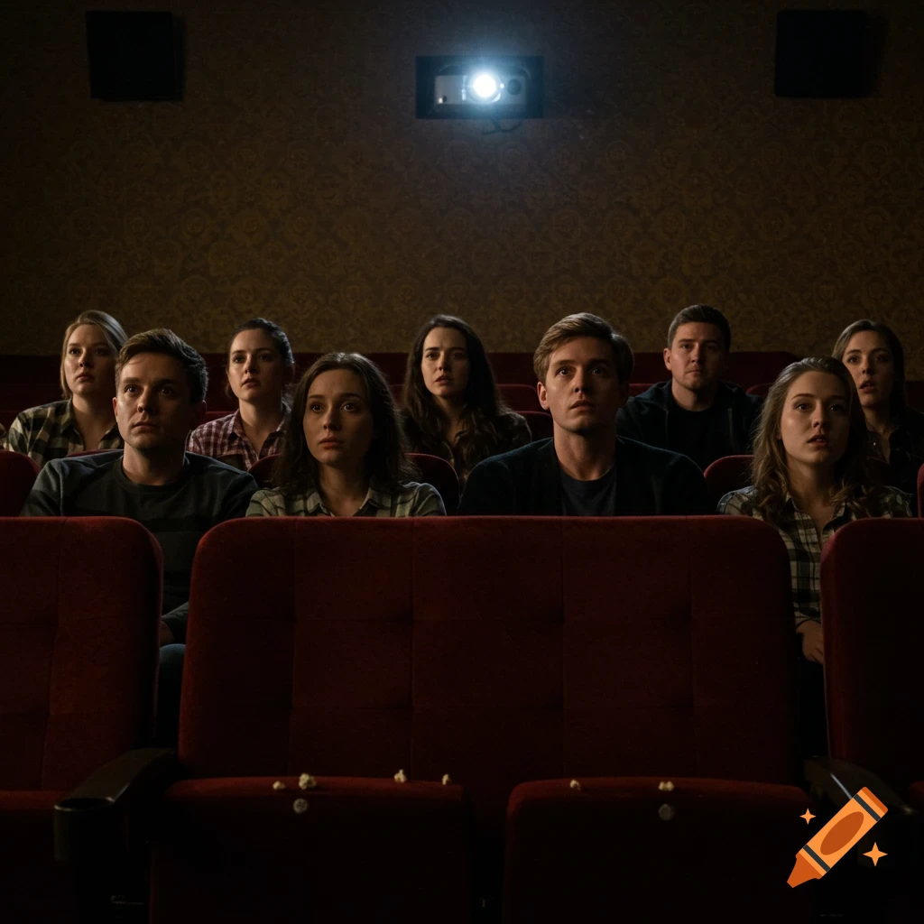 A group of people, looking focused, watch a movie in a dimly lit cinema.