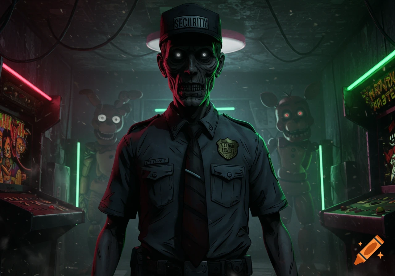 A zombie-like security guard with glowing white eyes and green-tinged skin stands in a dark arcade, flanked by two creepy animatronic characters, in a stylized comic book art style.