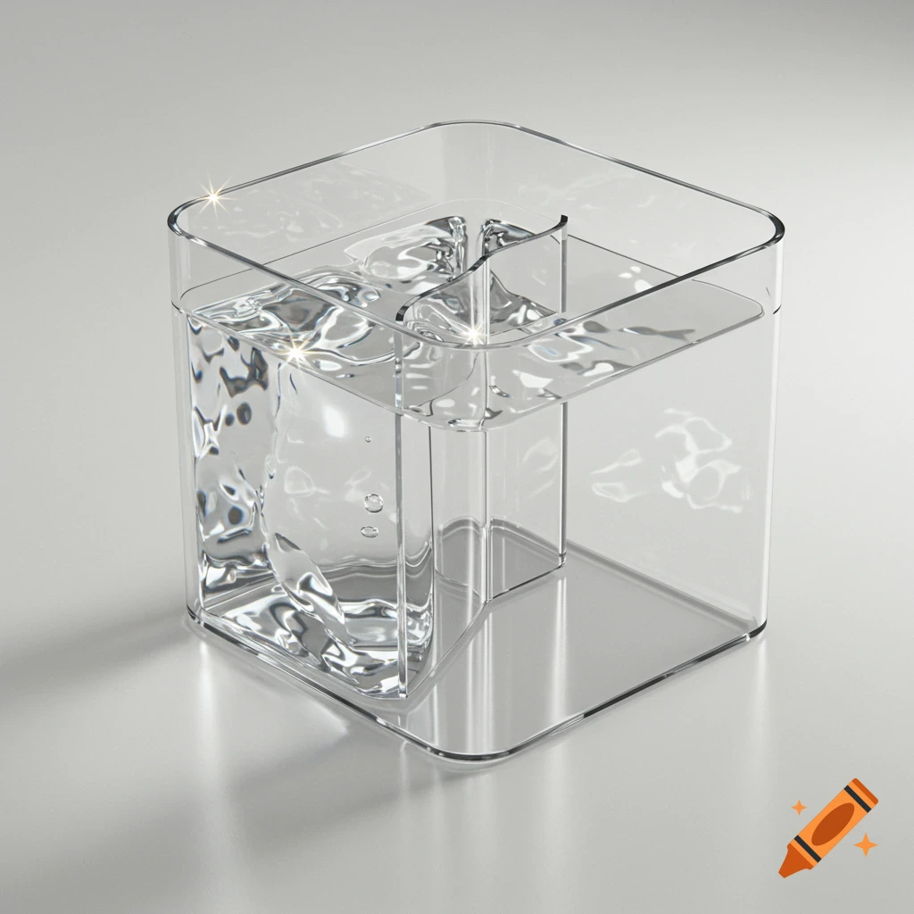 A transparent square plastic container, divided into two compartments, with water filling the left compartment and the right empty, rendered on a light grey background.