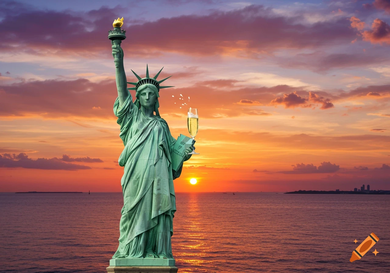 Photorealistic image of the Statue of Liberty toasting with a champagne glass against a vibrant sunset over water.