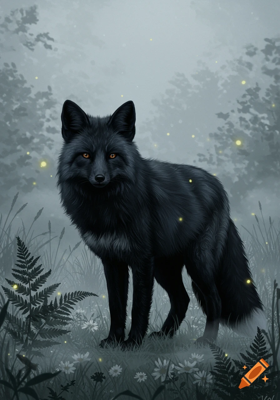 A striking black fox with amber eyes stands in a misty forest filled with glowing fireflies and ferns, in a digital painting.
