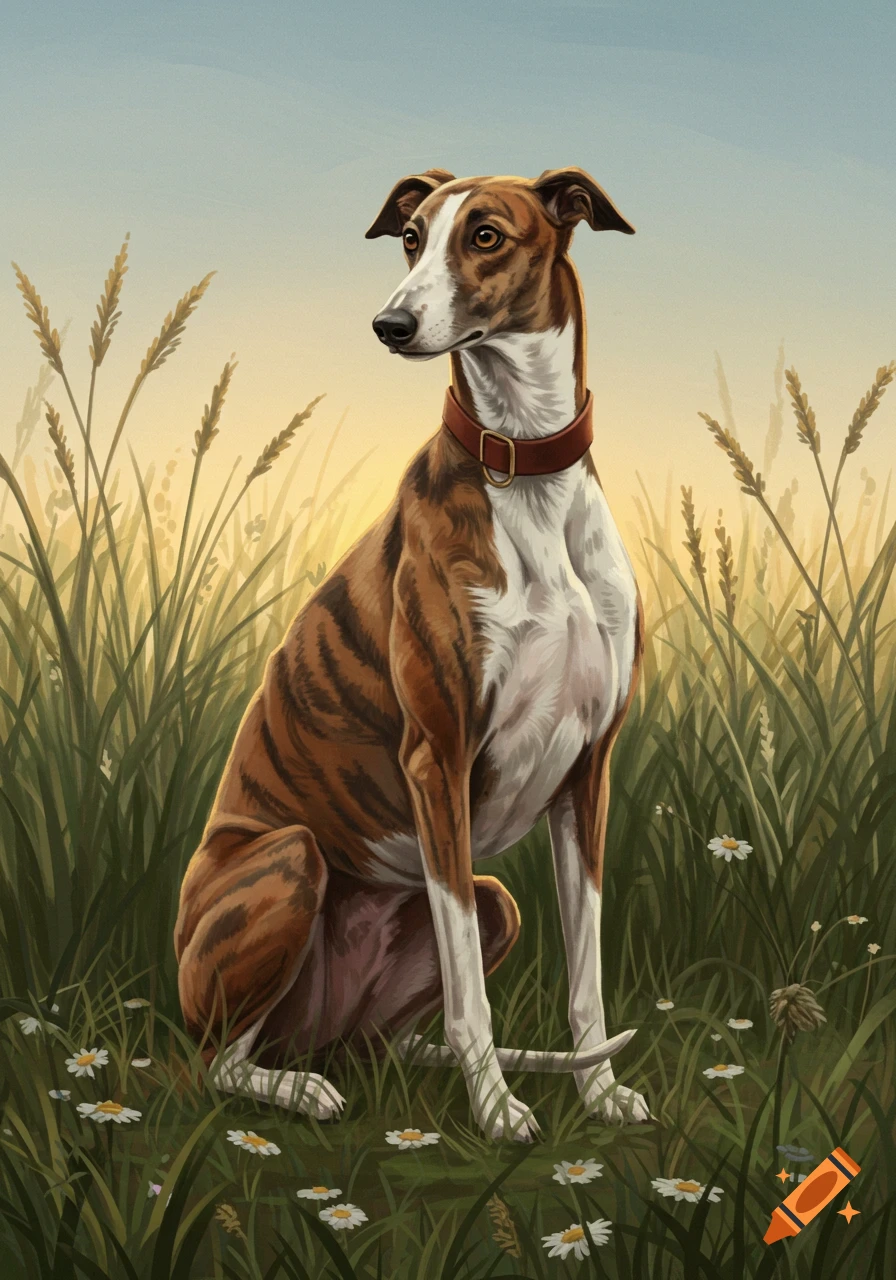 A brindle and white greyhound with a brown collar sits in a grassy field with white flowers under a soft sky, looking left. Painterly style.