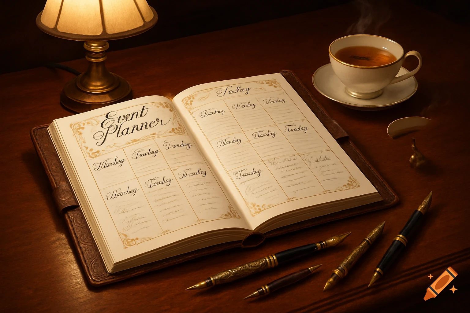 An open event planner on a dark wooden desk, with pens, a steaming cup of tea, and a glowing lamp.
