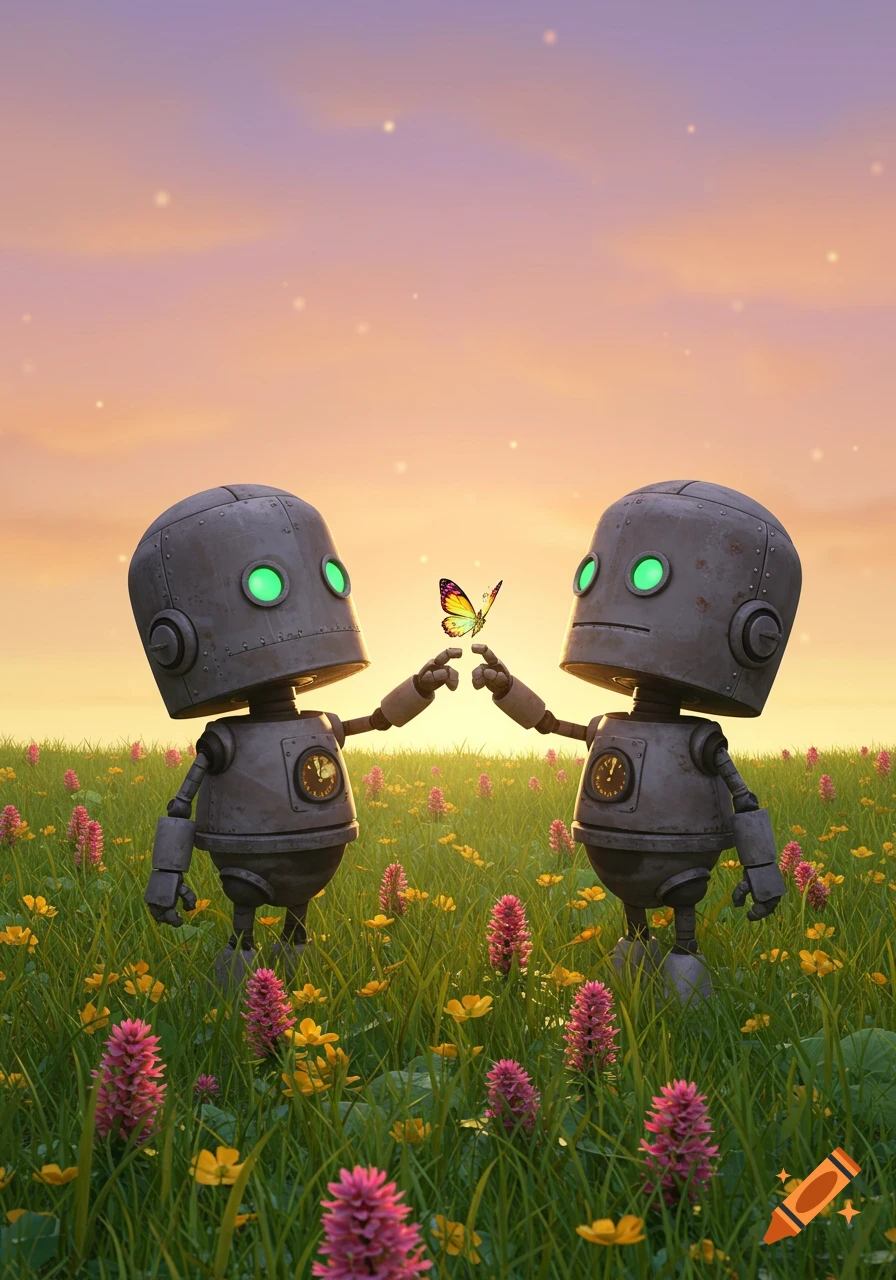 Two cute, old-fashioned robots with glowing green eyes stand in a field of green grass and colorful flowers under a pastel sky. One robot extends a finger to a butterfly perched on it.
