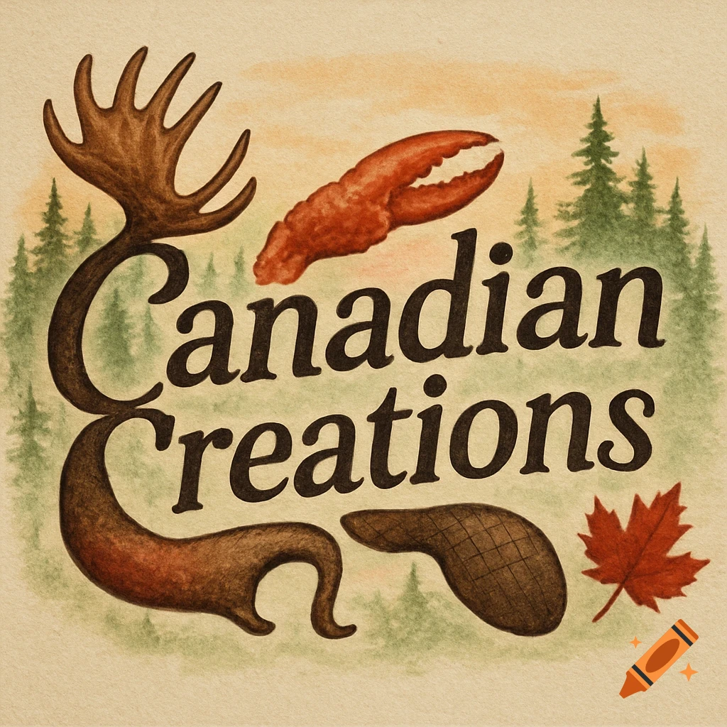 A rustic watercolor illustration featuring 'Canadian Creations' with a moose antler, lobster claw, beaver tail, and maple leaf, surrounded by pine trees.