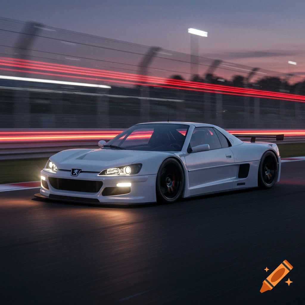 A white, modified Peugeot sports car races on a track at dusk, with glowing red light trails behind it.