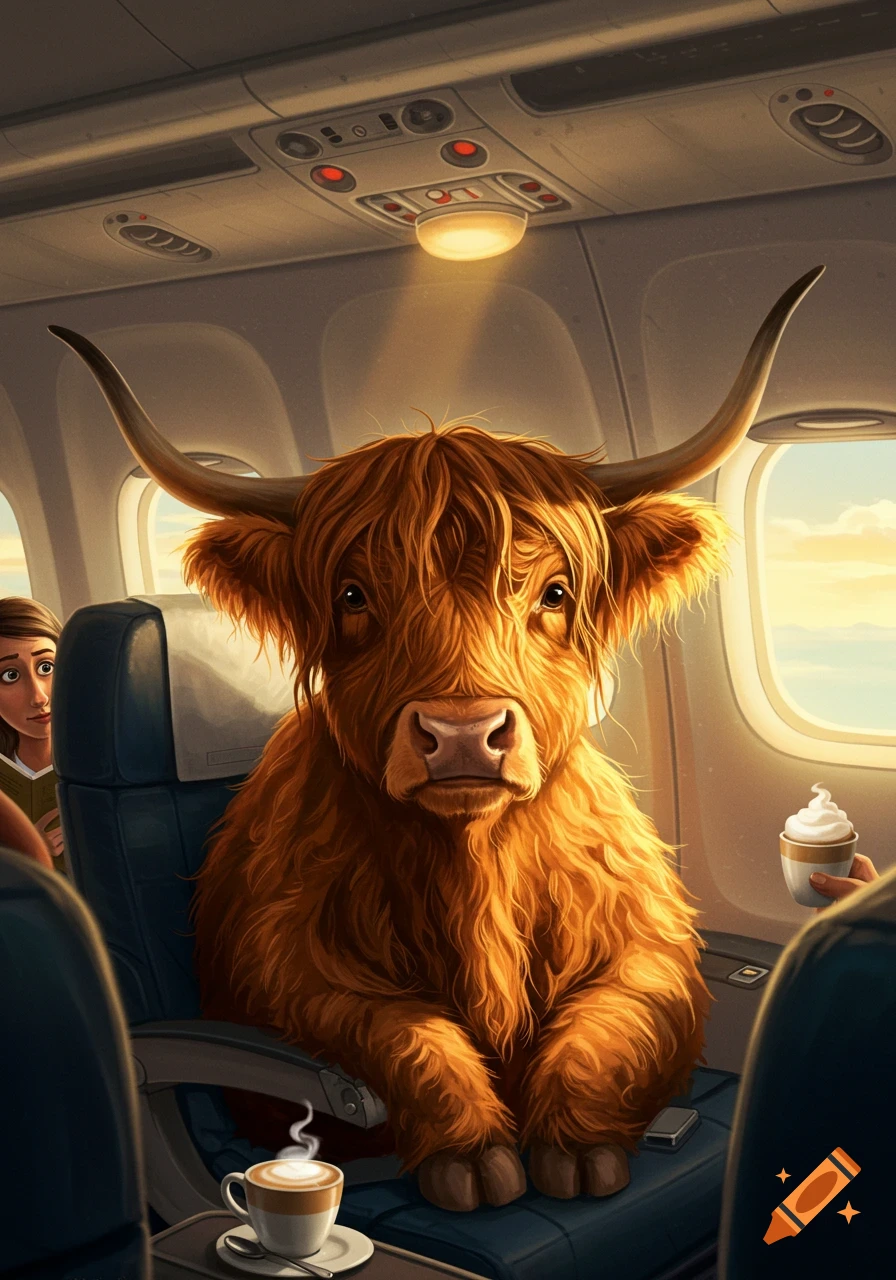 An adorable fluffy orange Highland cow sits in an airplane passenger seat with a human passenger and coffee visible in the background.