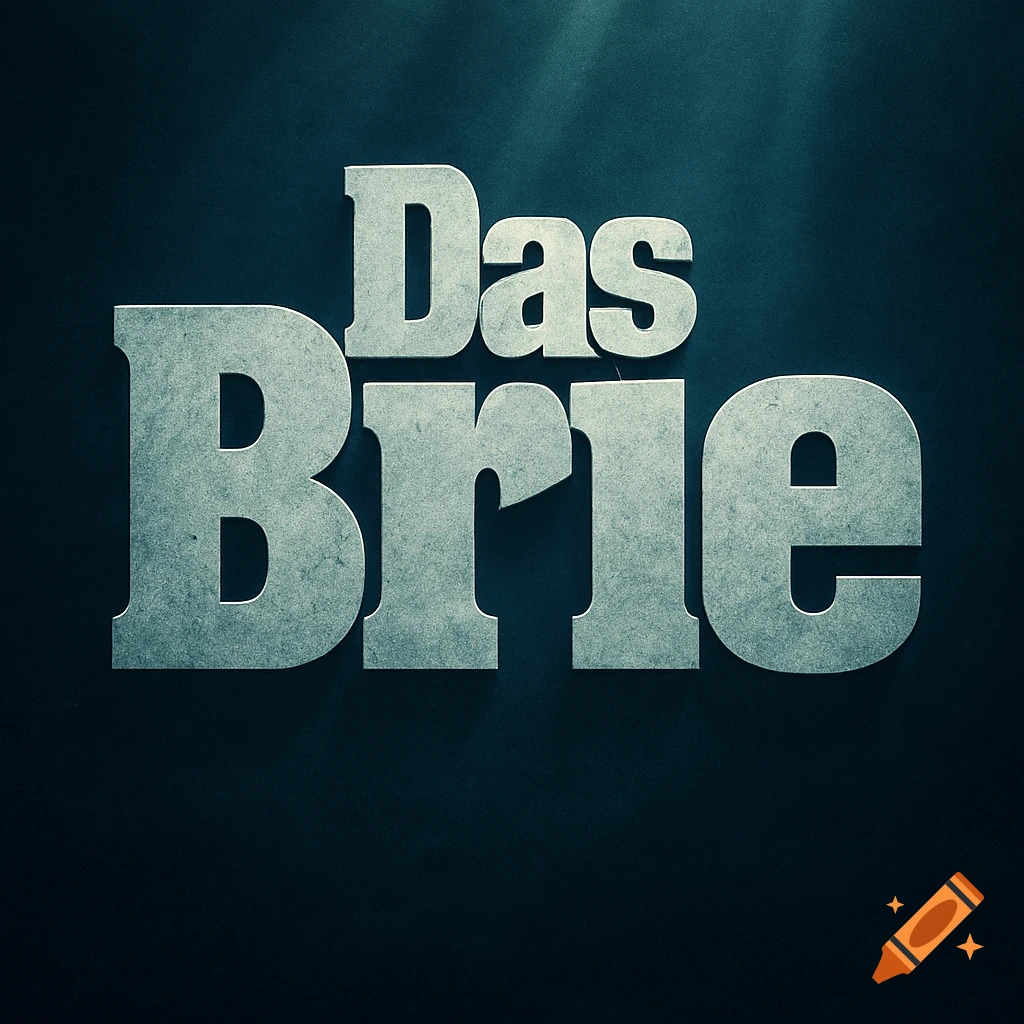 Metallic, bold text 'Das Brie' on a dark, textured background with light rays, in the style of a movie logo.