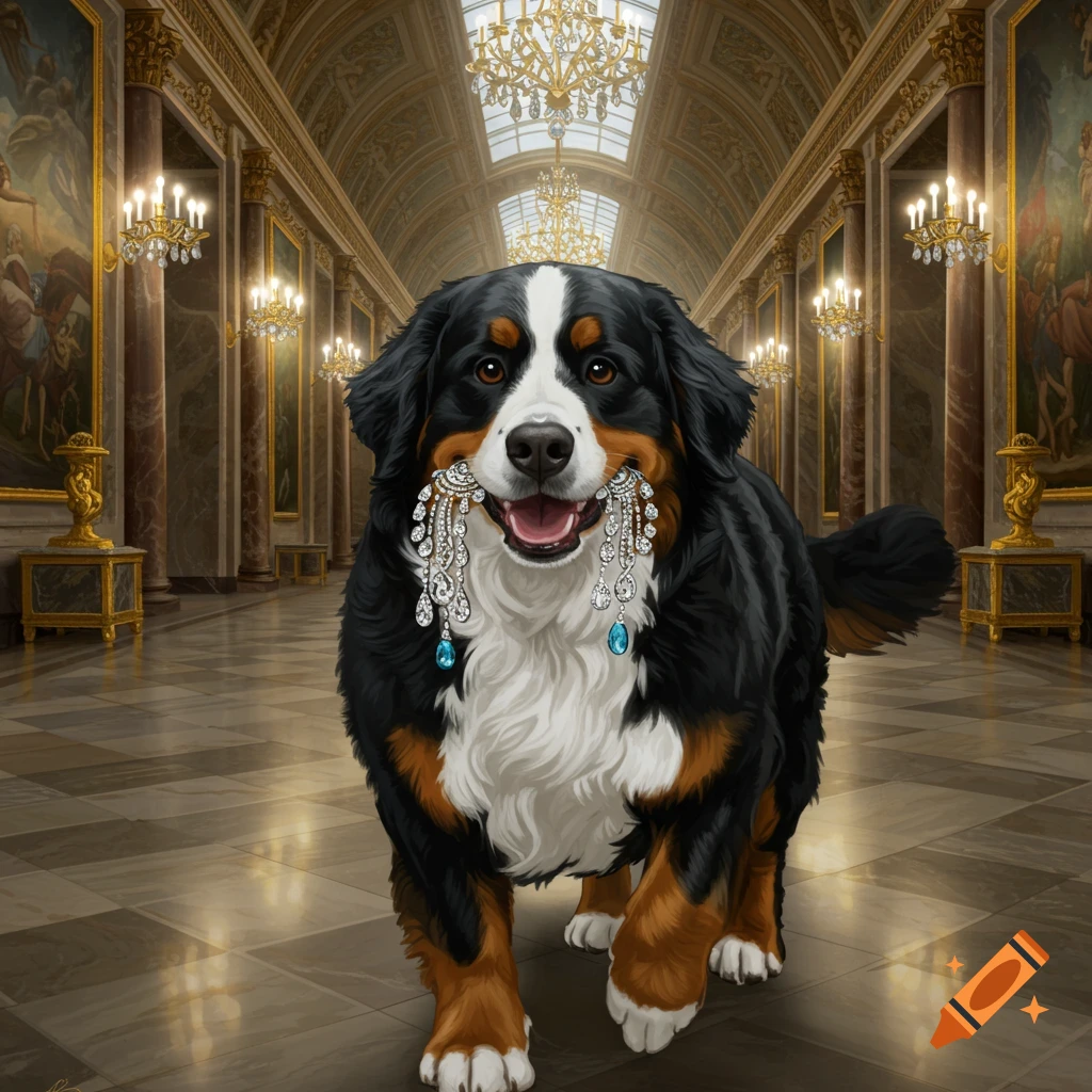 A Bernese Mountain Dog holds sparkling diamond earrings in its mouth, standing in a luxurious palace hallway with chandeliers.