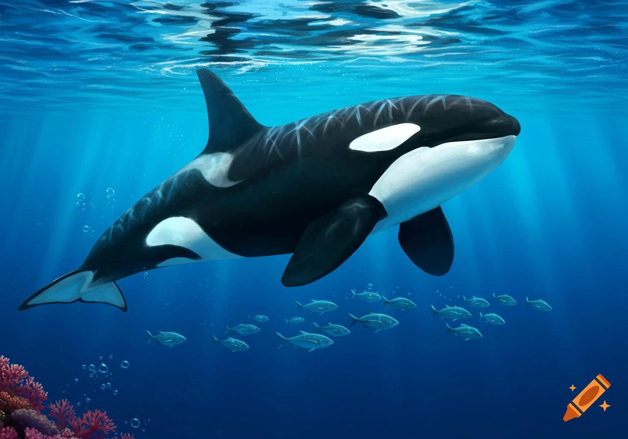 An illustration of a killer whale swimming underwater in clear blue water, with a school of fish below it and coral on the left.