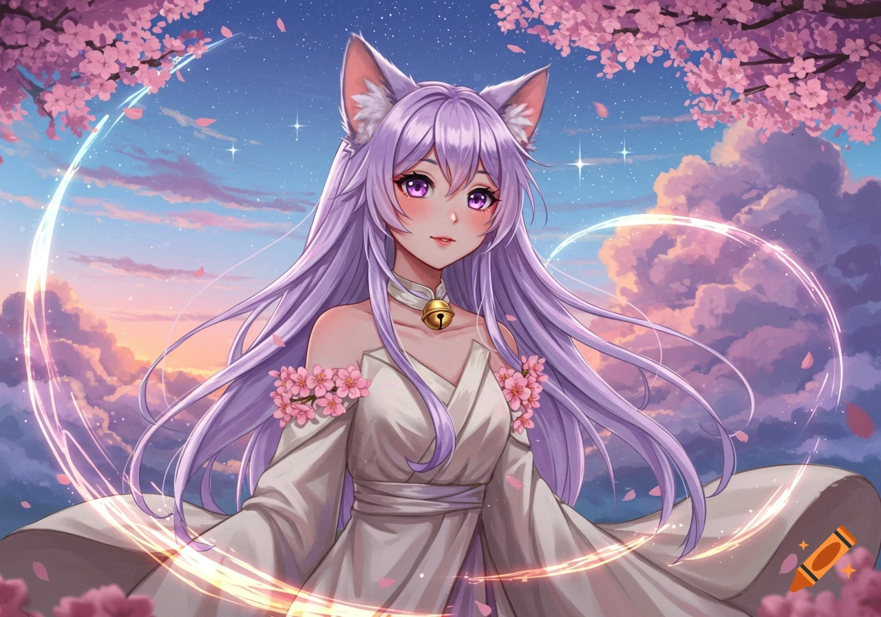 An anime catgirl with lilac hair, cat ears, and purple eyes wears a white kimono, surrounded by pink cherry blossoms and glowing swirls under a soft sky.
