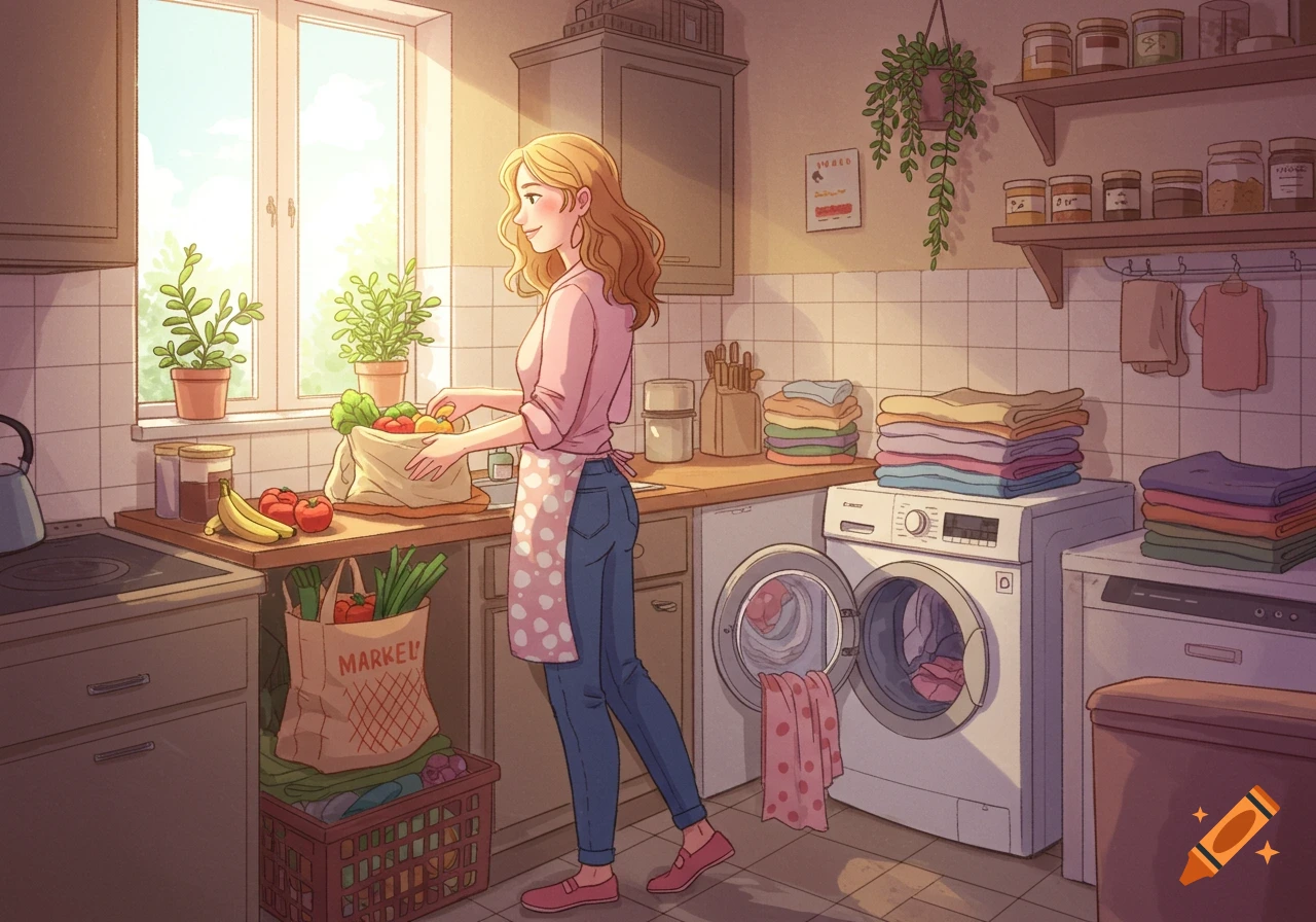 Anime woman unpacks groceries in a sunlit kitchen with washing machines and folded laundry, cartoon style.