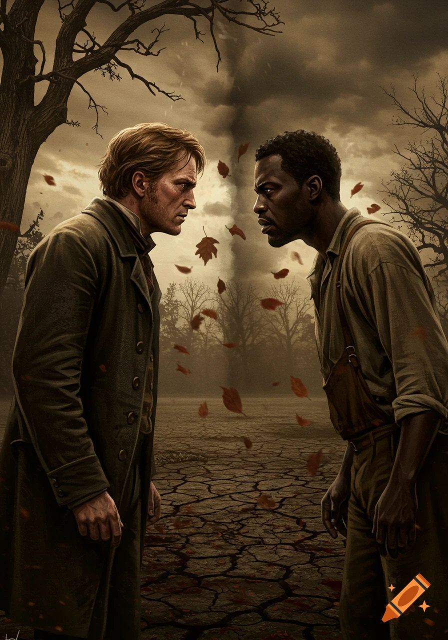 Two men, one white and one black, stare angrily at each other in a desolate, stormy landscape with cracked earth and bare trees.