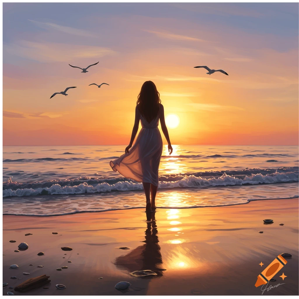 A woman in a white dress walks barefoot on a wet beach, facing a vibrant orange sunset over the ocean with seagulls flying.