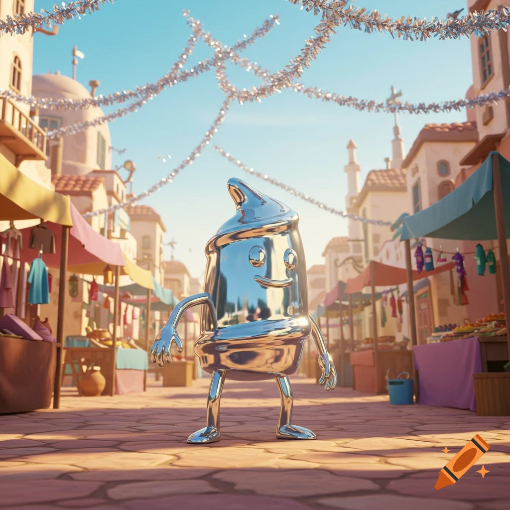 A shiny silver cartoon character with an expressive face stands in a vibrant, sunlit open-air market decorated with tinsel.