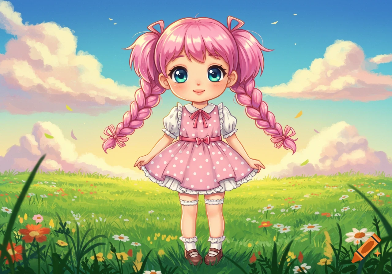 A cute anime girl with pink braided hair and a pink polka dot dress stands in a vibrant green meadow with colorful flowers under a blue sky.