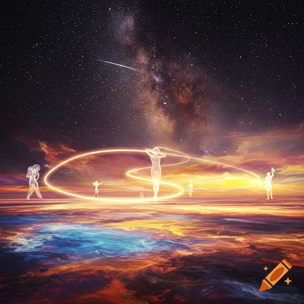 Translucent figures stand on a vibrant, swirling cosmic landscape under a starry night sky with a shooting star, encircled by golden light.