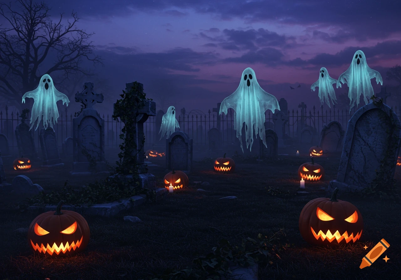 A moody graveyard scene with glowing tattered ghosts hovering above jack-o-lanterns under a deep purple night sky.