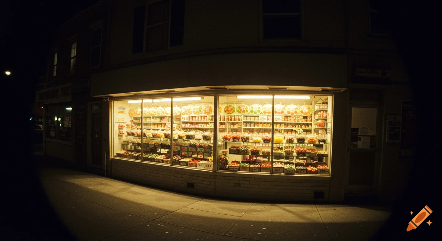 A shop window brightly lit at night, filled with various candies and sweets, viewed with a fisheye lens effect.