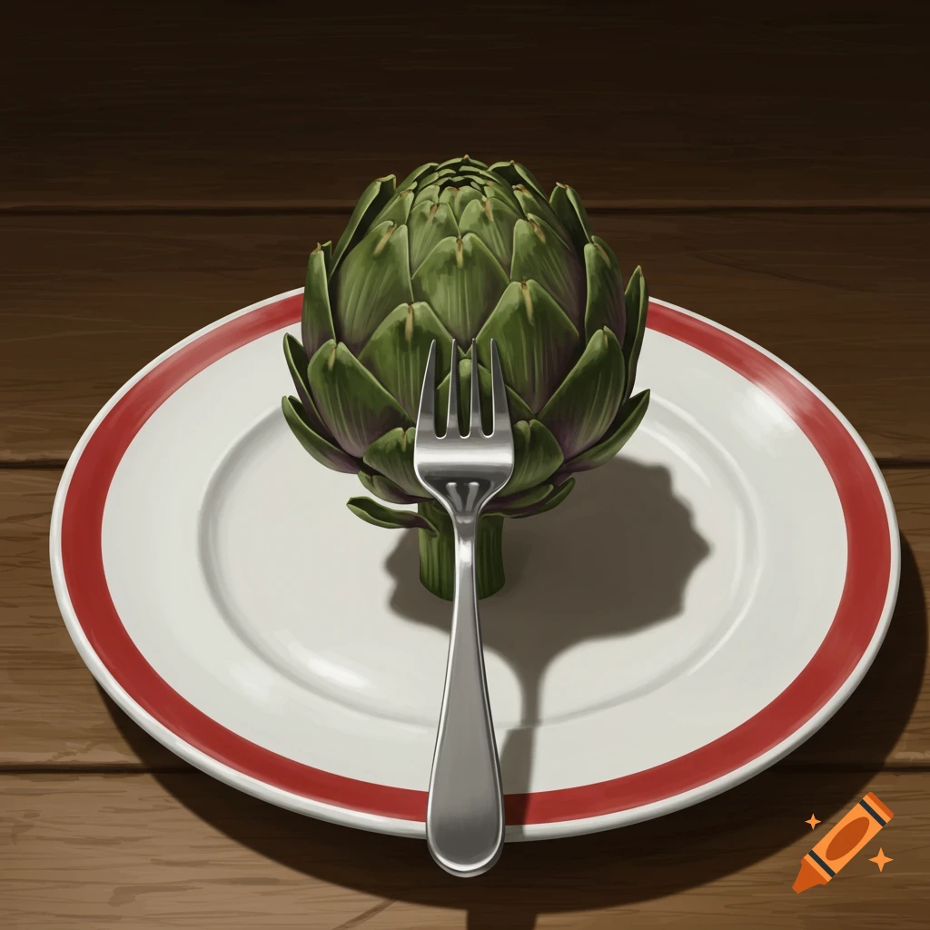 A stylized illustration of a green artichoke and a silver fork on a white plate with a red rim on a wooden table.