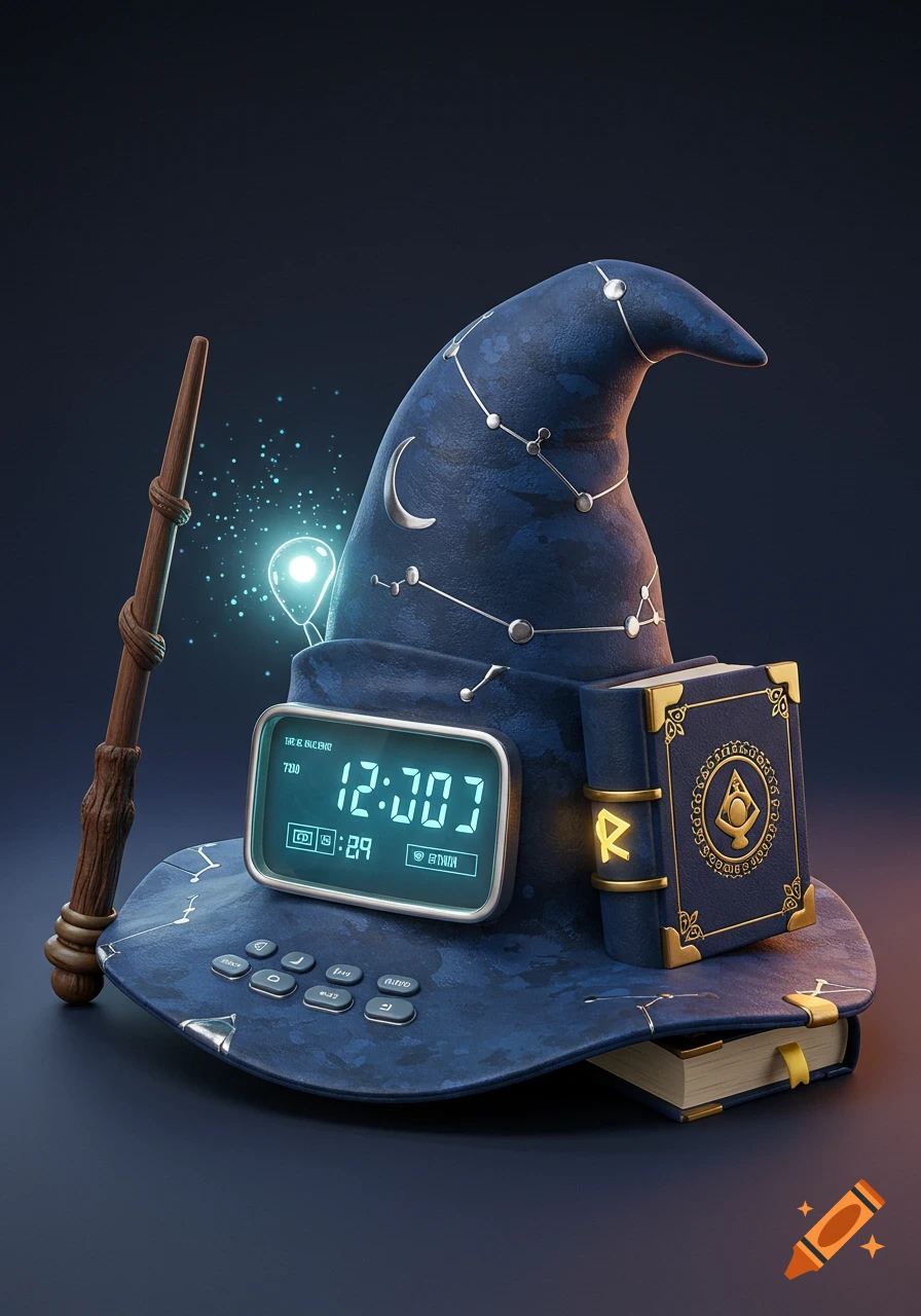 A 3D render of a blue wizard hat designed as an LCD alarm clock with a magic wand and spellbook, featuring glowing magical accents.