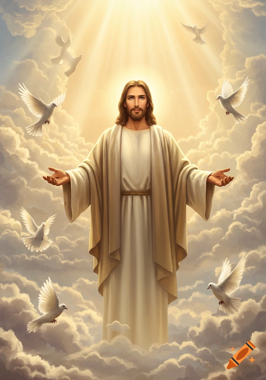 Jesus standing in heavenly clouds with open arms, surrounded by white doves and golden light.