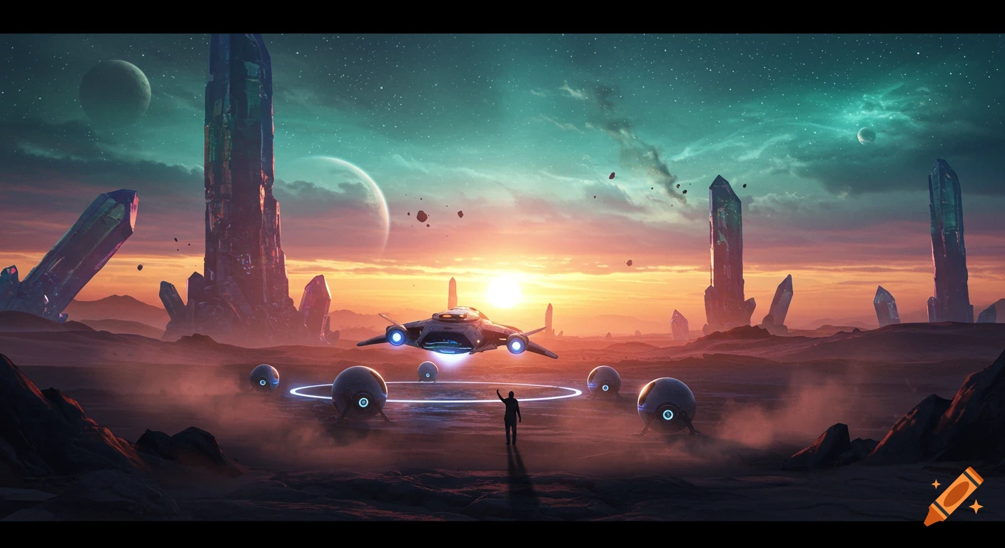 A figure with raised arm faces a hovering spaceship and glowing droids on an alien planet with large crystals at sunset under a starry sky.