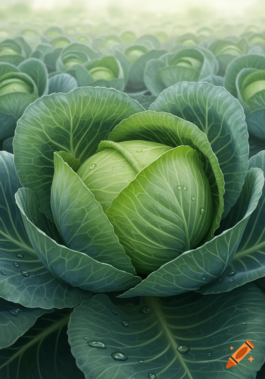 A close-up of a vibrant green cabbage with water droplets, surrounded by a blurred field of more cabbages.