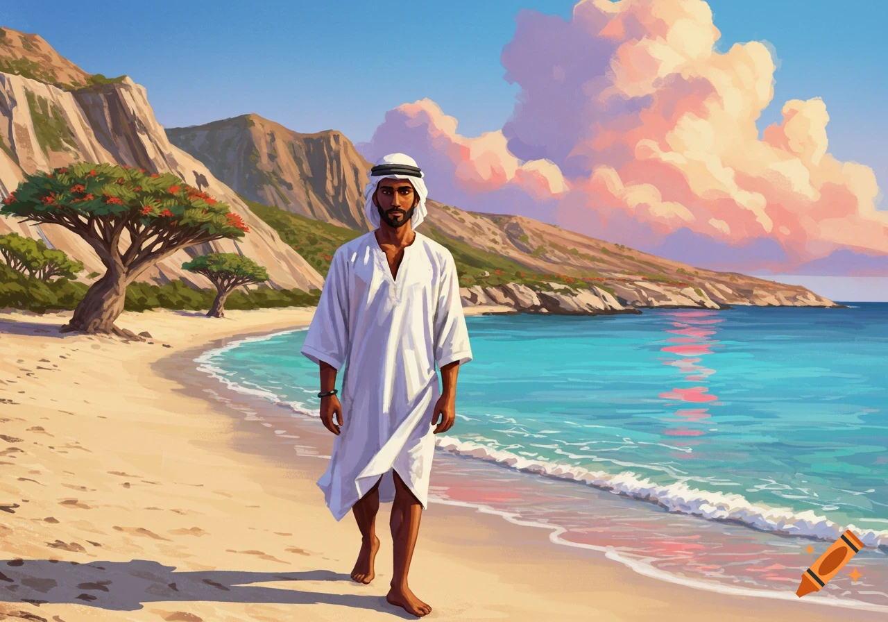 An illustrated man in a white thobe walks barefoot on a sunny beach with blue water, mountains, and pink clouds.