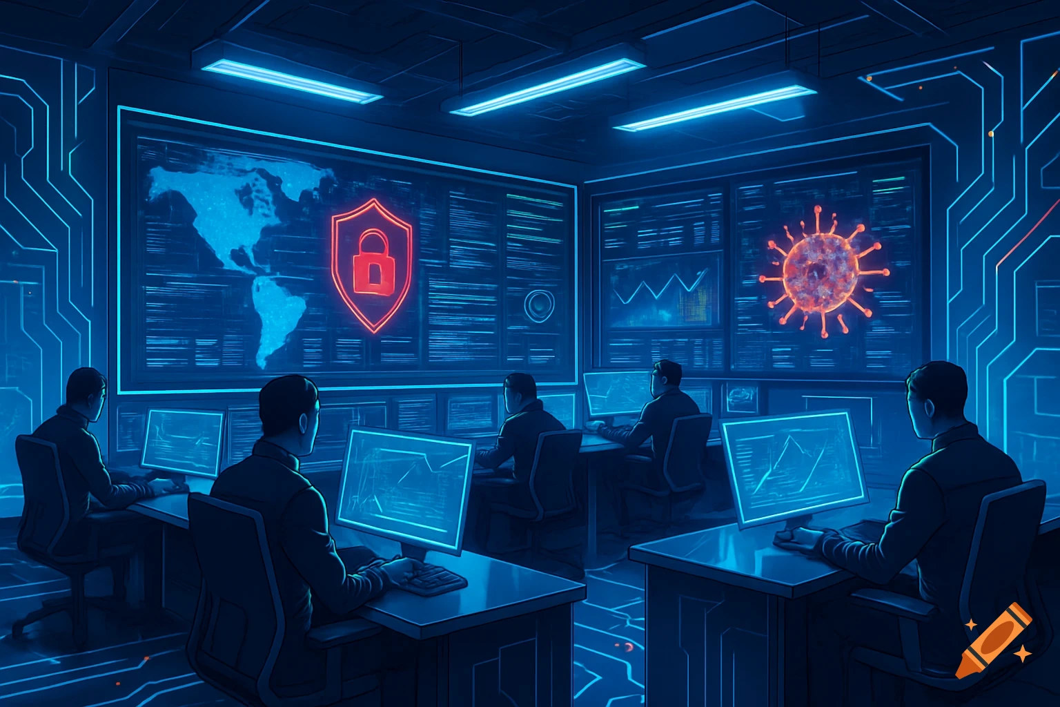 A high-tech cybersecurity monitoring center with people at glowing blue computers, displaying a world map, a padlock shield, and a virus.