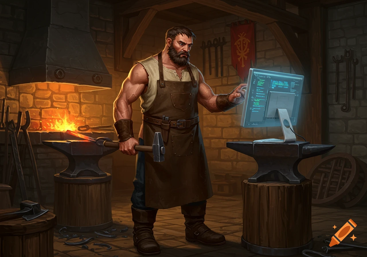 A muscular medieval blacksmith in a forge looks at a glowing computer screen while holding a hammer.