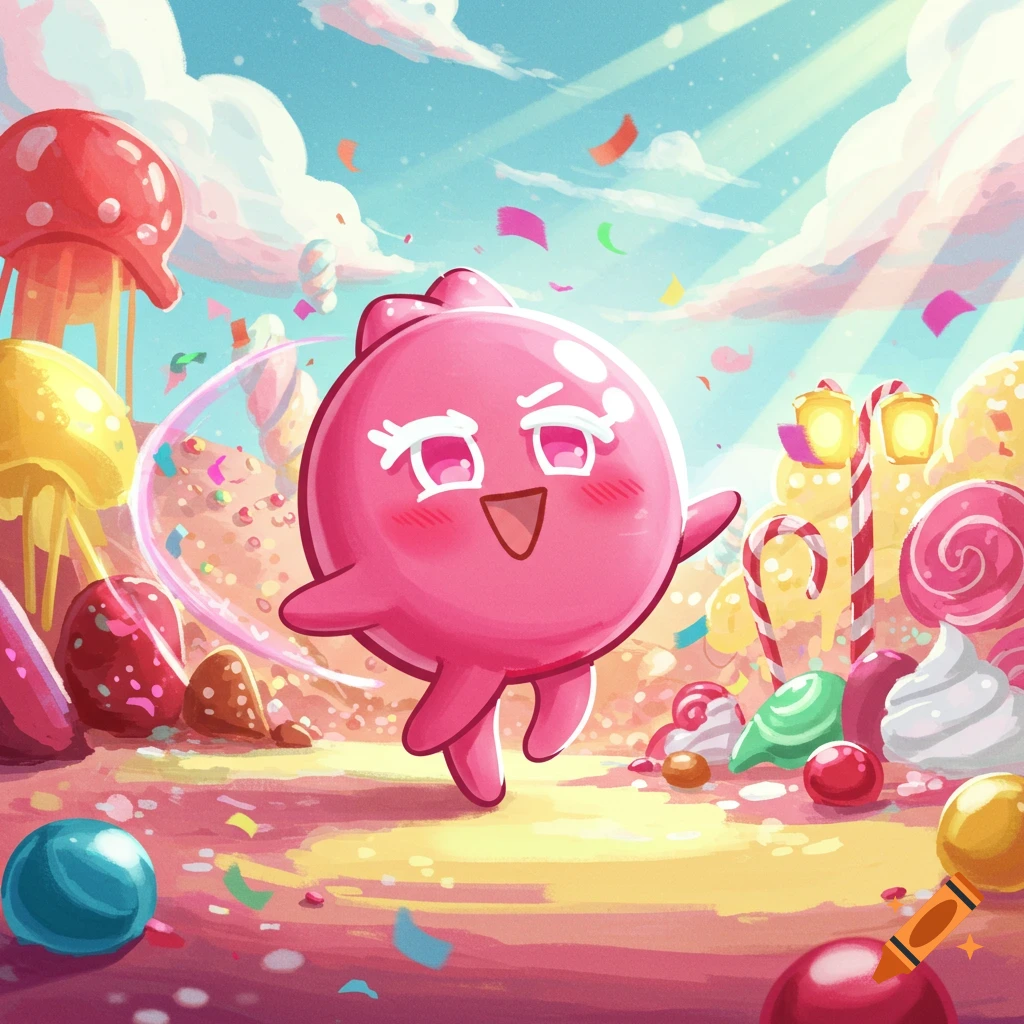 A cheerful pink cartoon character with big eyes and a smile dances in a vibrant candy land filled with lollipops, candy canes, and jelly mushrooms.