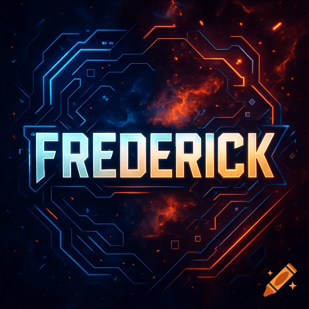 Stylized gaming profile picture with FREDERICK in glowing text on a dark, circuit-patterned background with blue and orange energy.
