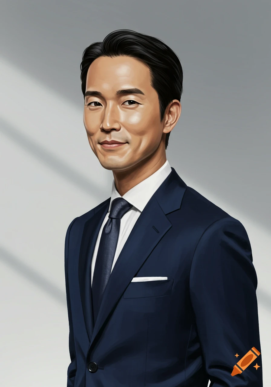 Stylized portrait of a smiling Asian man in a dark blue suit, white shirt, and tie.