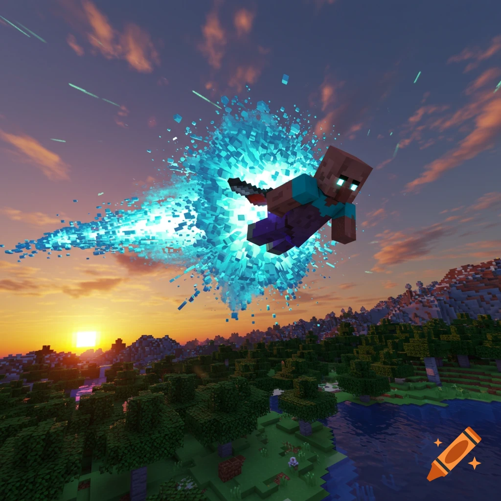 A Minecraft Herobrine-like character flies rapidly across a blocky forest and lake landscape at sunset, leaving a blue energy trail.