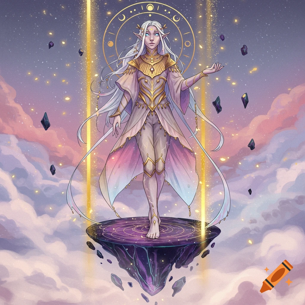 An ethereal elf with white hair and golden armor stands on a floating island in a glowing, cloud-filled fantasy sky.