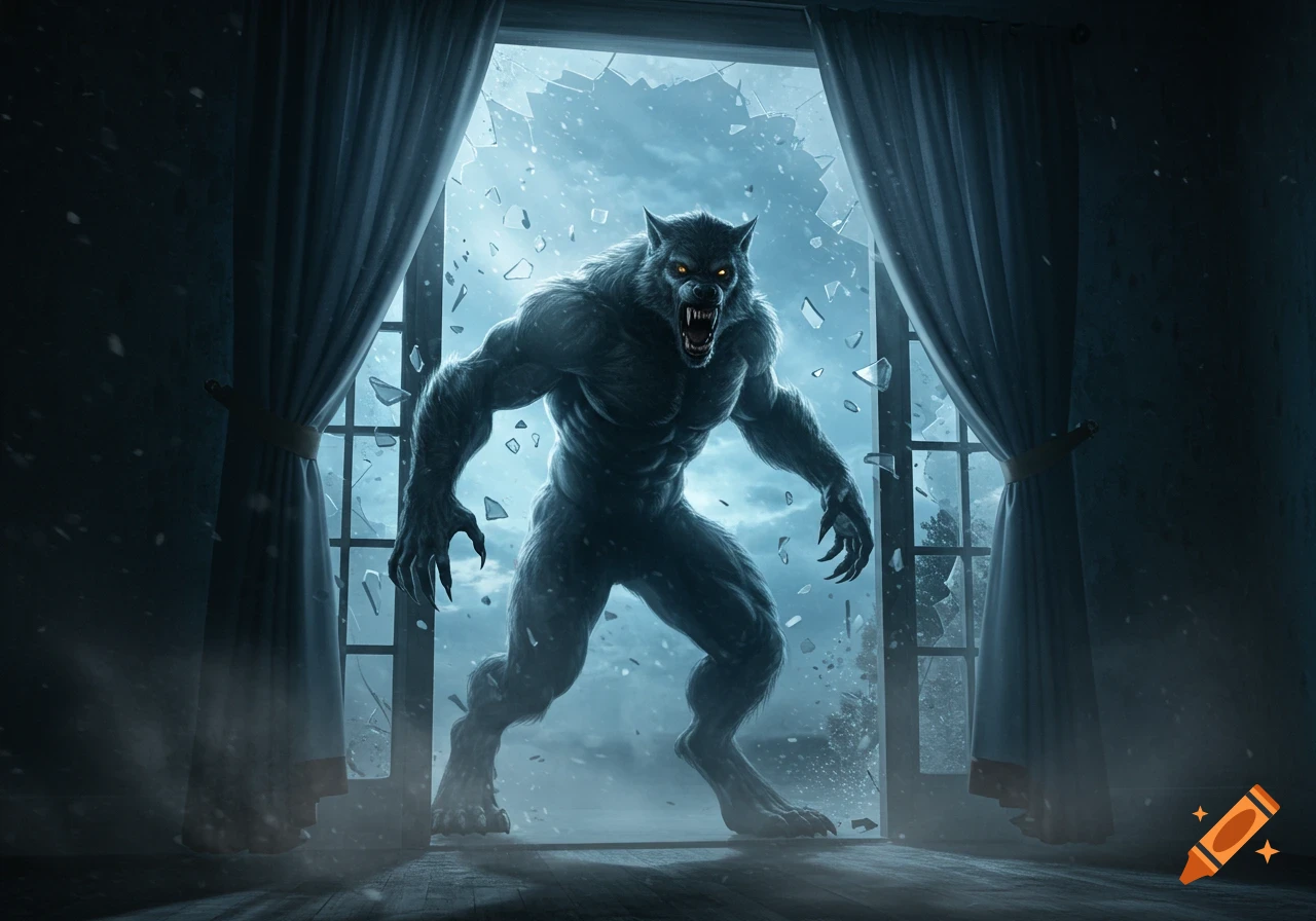 An imposing werewolf with glowing eyes and bared fangs bursts through a shattered window, surrounded by flying glass shards, in a dark, eerie room.