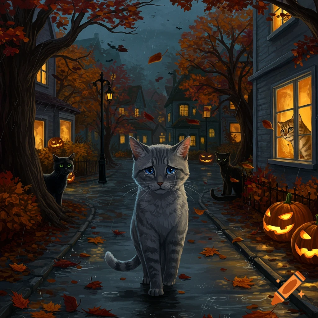 A crying gray cat walks on a wet street on a rainy autumn Halloween evening, with other cats and decorated houses.