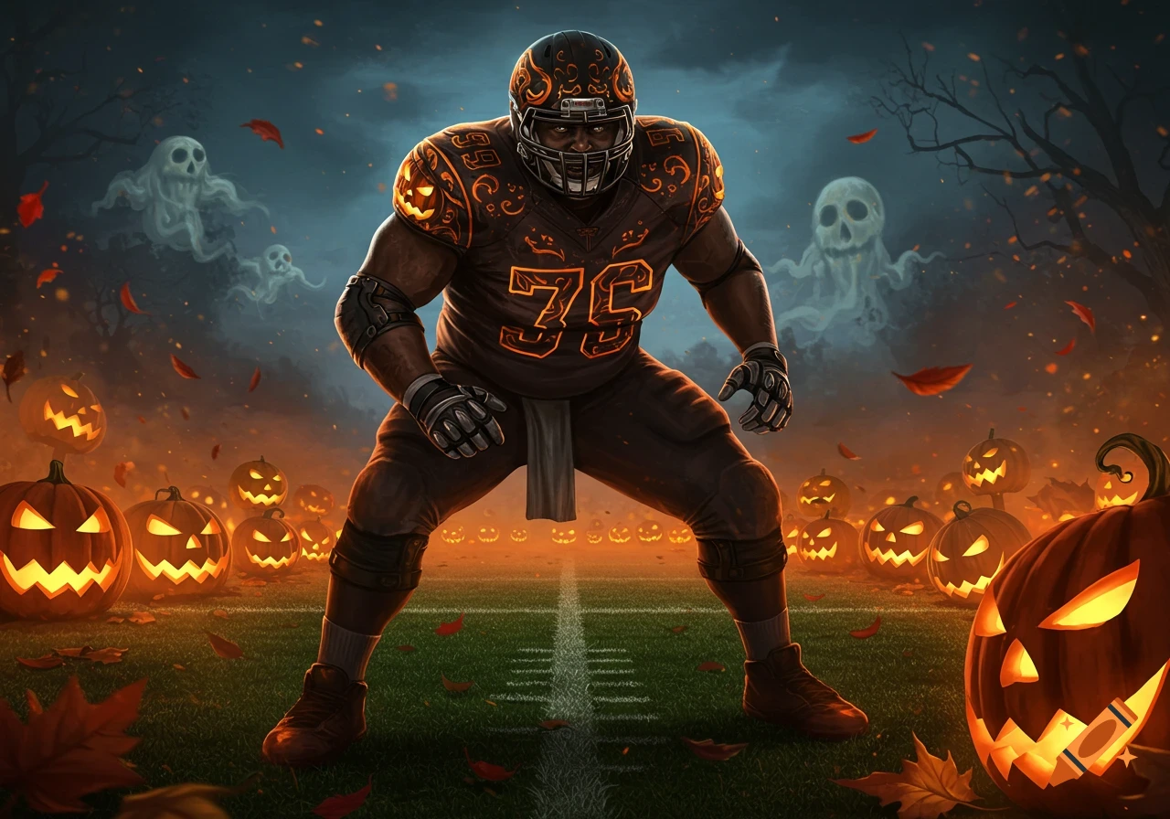 A Halloween-themed football player in an orange and black uniform with glowing numbers '75' stands on a field surrounded by carved jack-o'-lanterns and ghostly figures.