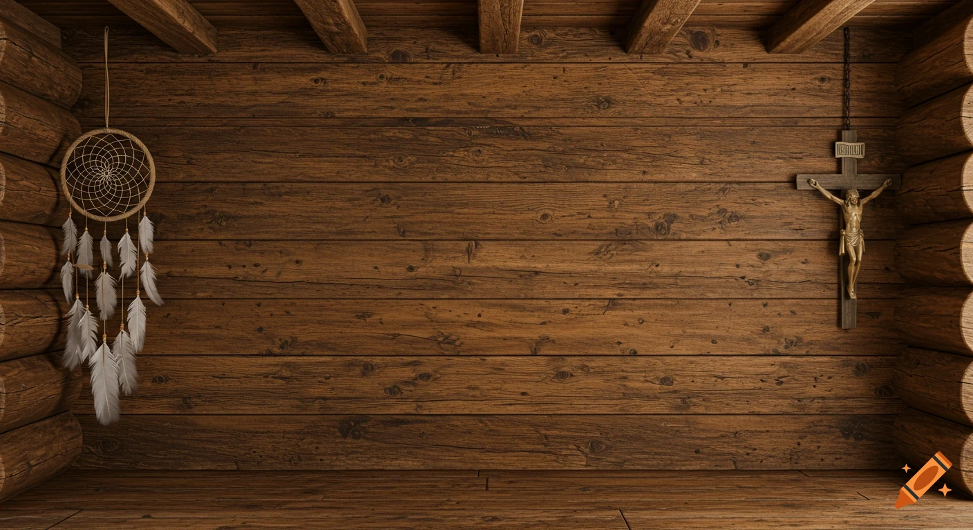 Rustic wooden cabin interior wall with a dreamcatcher on the left and a crucifix on the right.