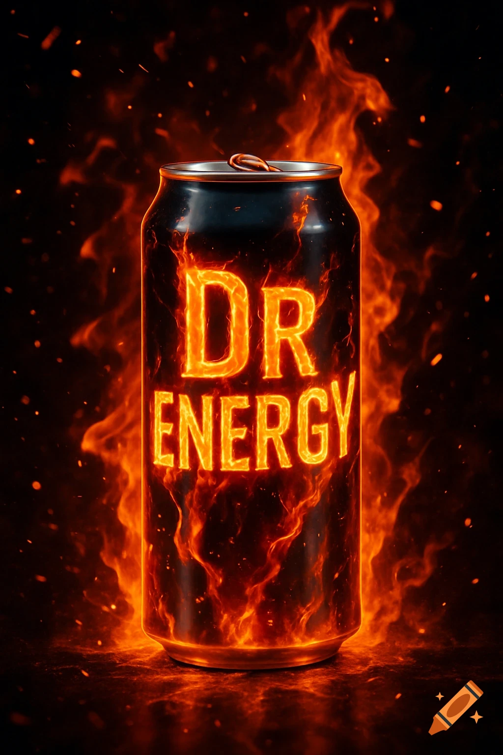 A dark energy drink can with "DR ENERGY" in glowing orange, fiery text, surrounded by intense flames and embers on a black background.