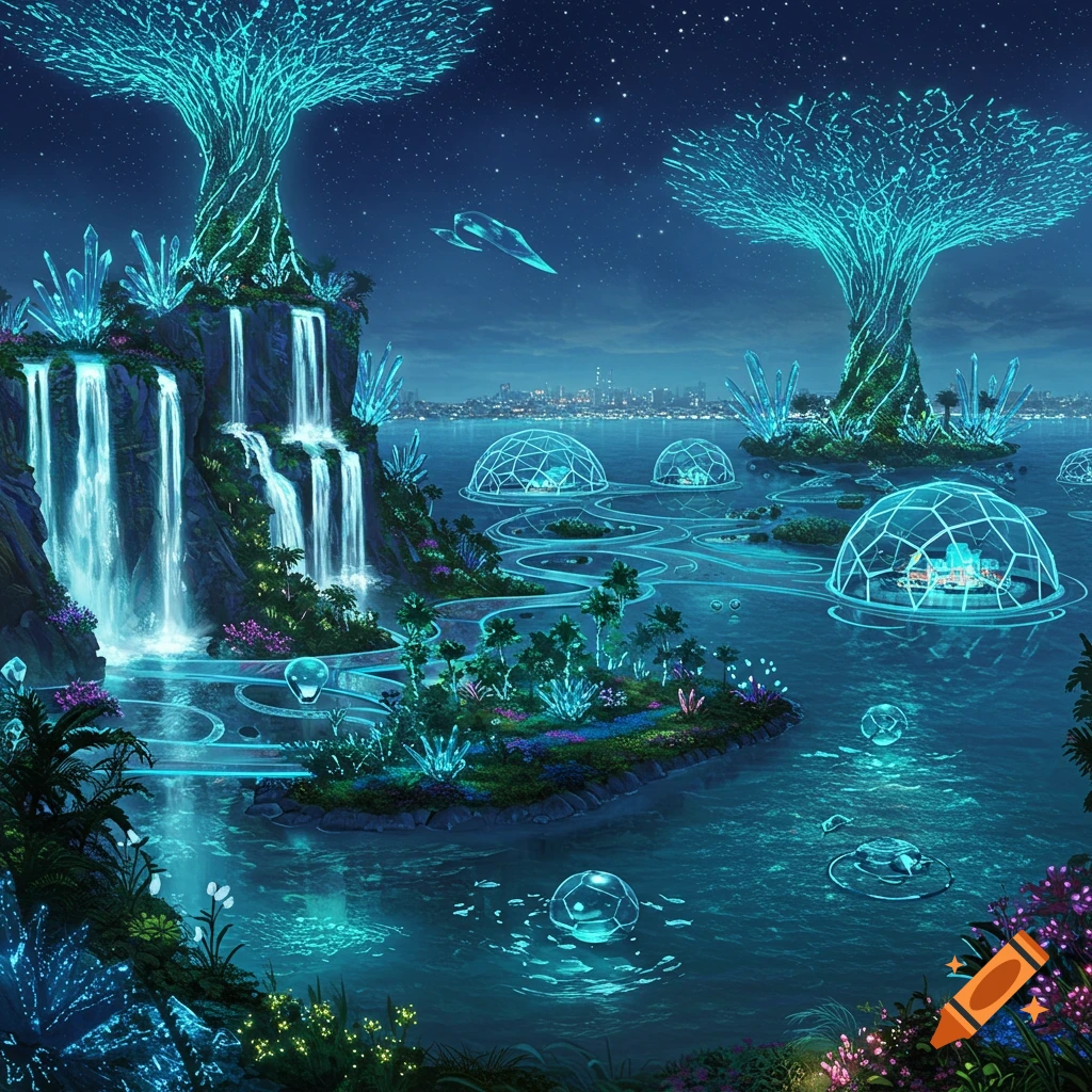 Vibrant futuristic landscape with glowing blue waterfalls, crystalline trees, and domed structures in water under a starry sky.