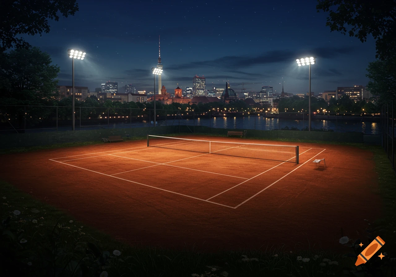 A clay tennis court illuminated by bright floodlights at night, with a distant Berlin cityscape and river under a starry sky.