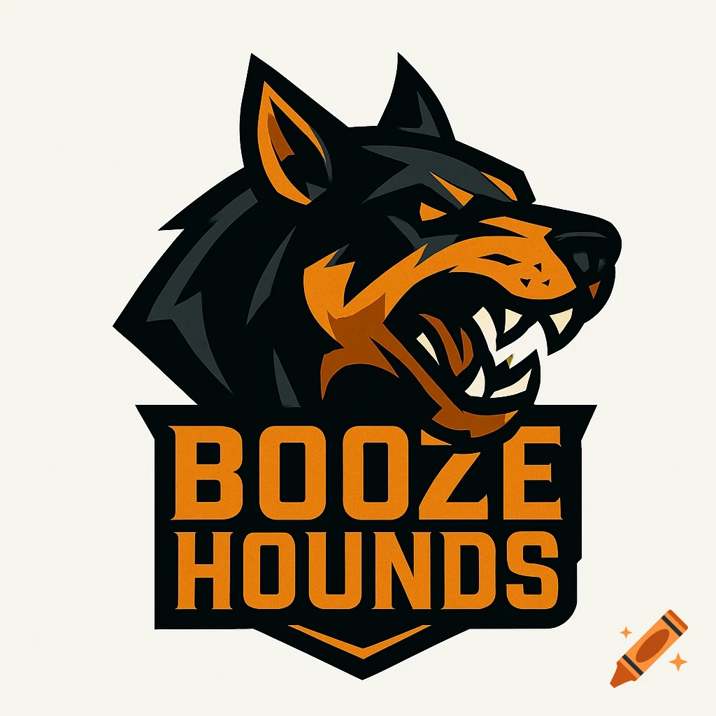 A fierce, black and orange vector-style logo of a dog's head with bared teeth, above the words 'BOOZE HOUNDS'.