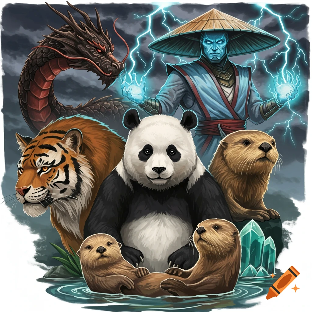 Cartoon realism illustration featuring a red and black dragon, blue Raiden with lightning, a panda, a tiger, and otters in water.