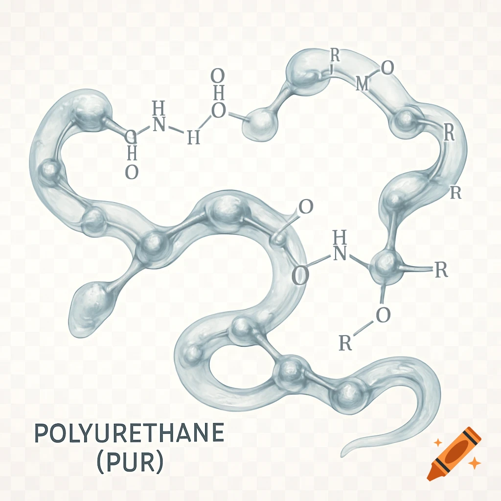 A fancy, stylized illustration of a PUR (Polyurethane) polymer chain, rendered in a translucent, light blue, glassy substance, on a transparent background.