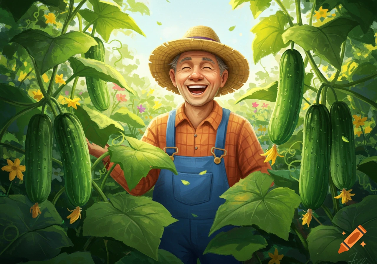 A happy old farmer in a straw hat and blue overalls smiles, surrounded by green cucumber plants and ripe cucumbers, in a vibrant cartoon illustration.