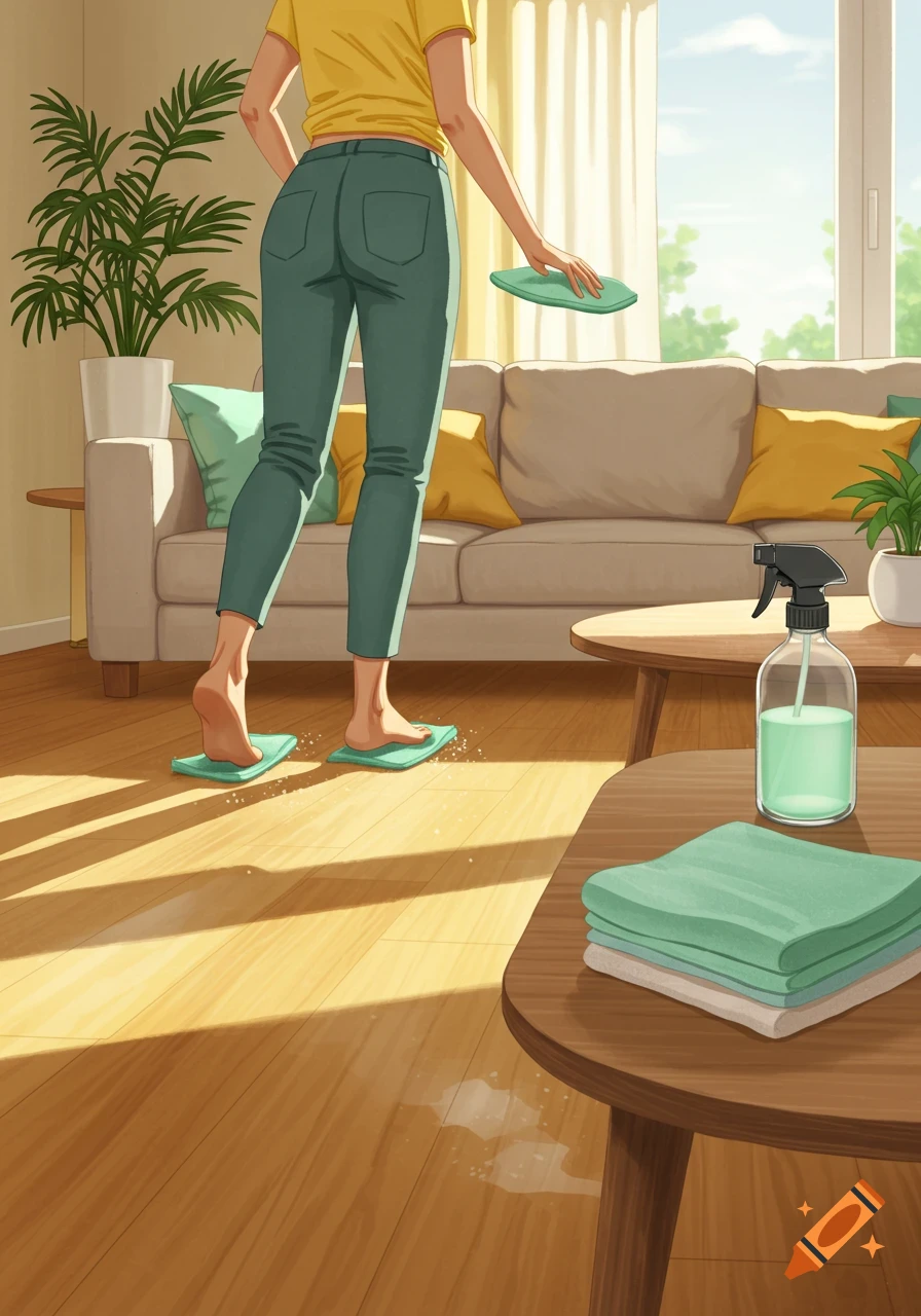 A person in a yellow shirt and green pants cleans a sunny wooden floor with foot mops and a cloth in an illustrated style.