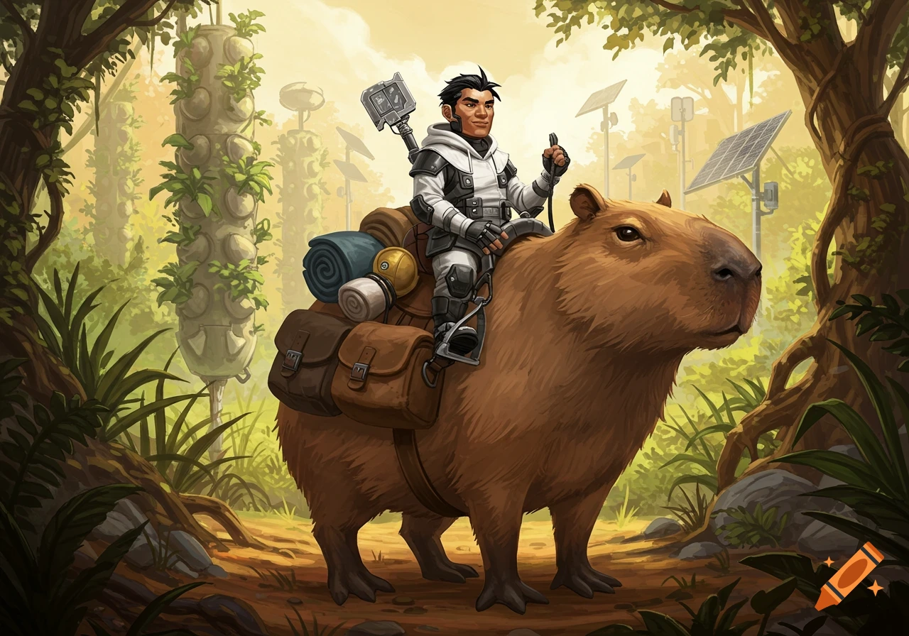 An illustrated solar punk adventurer with a hammer rides a large, pack-laden capybara through a lush forest with vertical farms and solar panels.