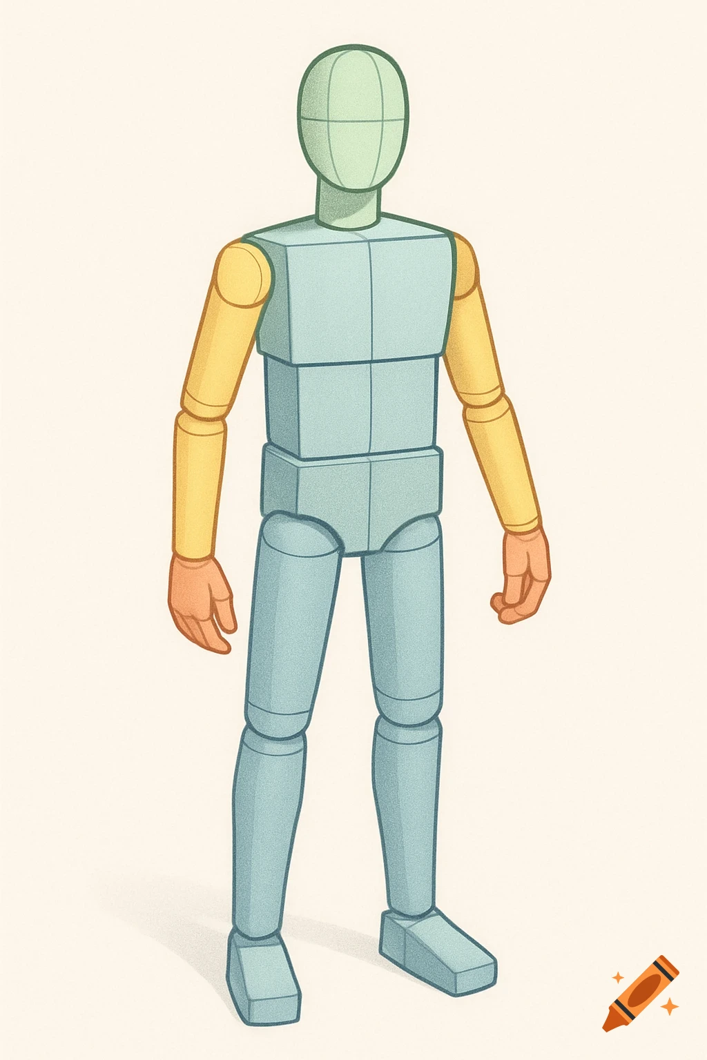 A stylized illustration of an articulated drawing mannequin, with a light blue torso and legs, and yellow arms with orange hands, standing.